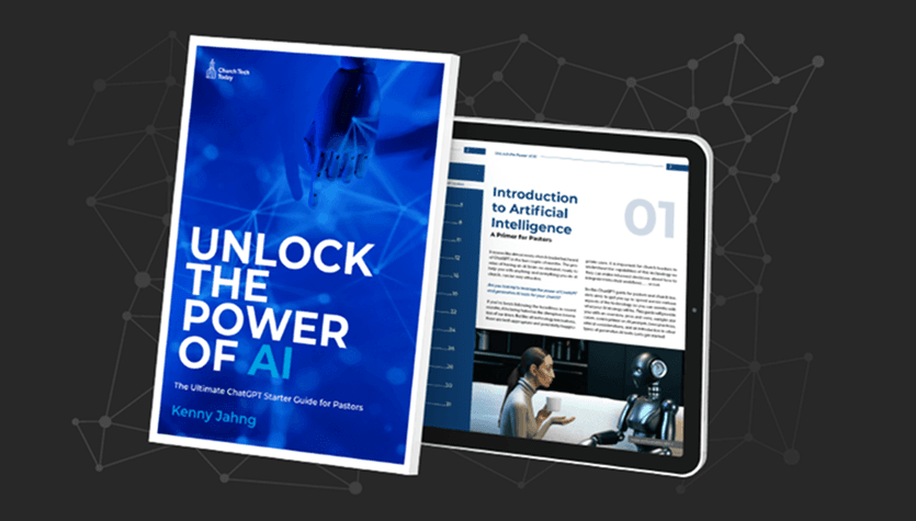Cover of an eBook titled “Unlock the Power of AI” displayed next to a tablet showing an “Introduction to Artificial Intelligence” page with a robot and person illustration.