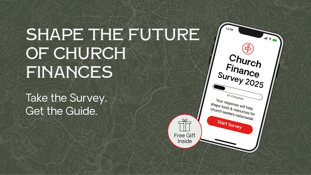 Promotional graphic encouraging participation in the 2025 Church Finance Survey, featuring a smartphone with the survey screen and text offering a free gift and downloadable guide.
