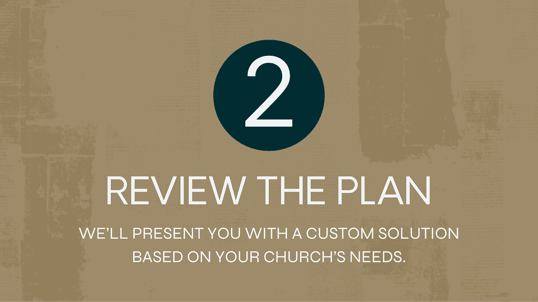 Blue circle labeled "2" with text: "Review the Plan – We’ll present you with a custom solution based on your church’s needs."