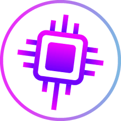 Circular icon depicting a stylized microchip in purple and blue gradient.