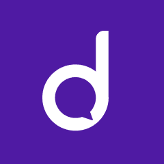 A white lowercase “d” logo with a chat bubble tail on a solid purple background.