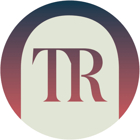 Circular logo with stylized letters “TR” in red over a red-to-blue gradient arch.