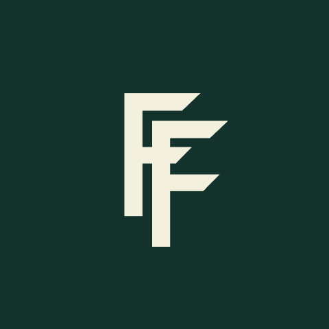Stylized white letters "FF" on a dark green background, with sleek, modern lines conveying a sense of minimalism and sophistication.