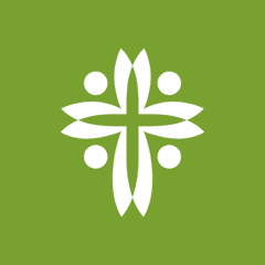 White cross-shaped logo with four dots appears on a green background.