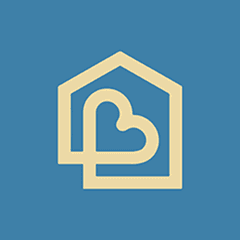 A beige house-shaped outline with a heart design inside is centered on a solid blue background.