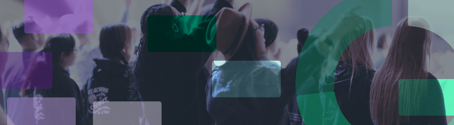 Semi-transparent purple and green rectangles over a blurred crowd facing forward.
