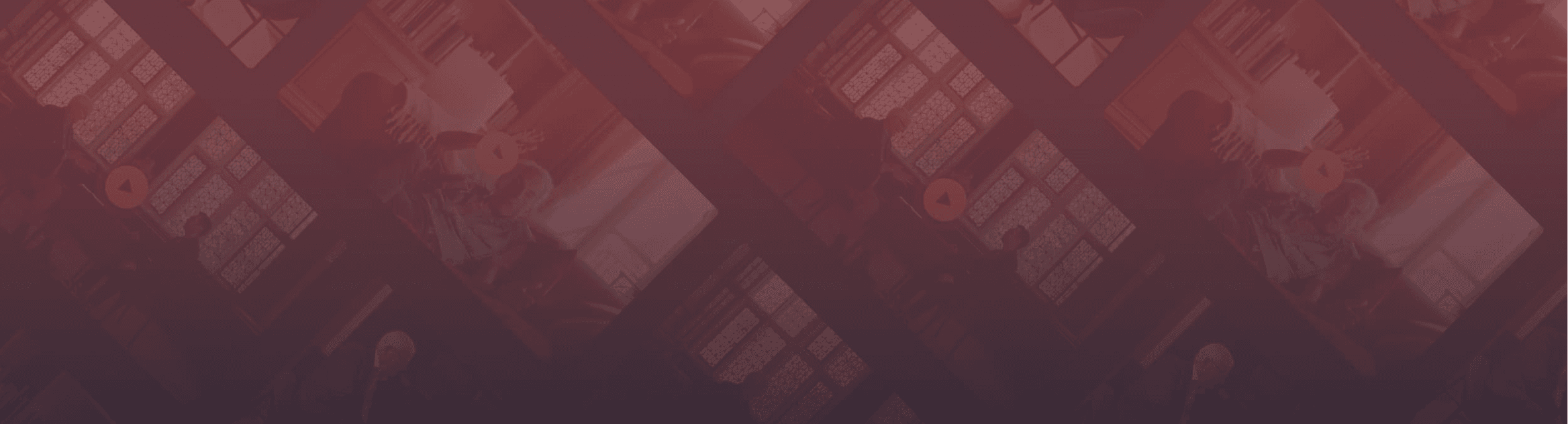 Background pattern of faded interview stills overlaid with a red gradient.
