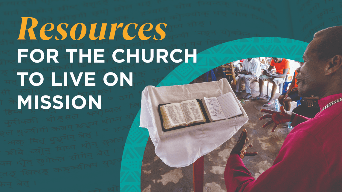 A man teaches from an open Bible and notebook on a small podium, with overlaid text reading “Resources for the Church to Live on Mission.”
