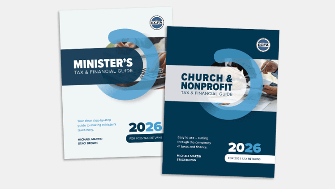 Two covers of tax and financial guides are shown. One is labeled "Minister’s," the other "Church & Nonprofit." Both feature a modern design with blue and white tones.