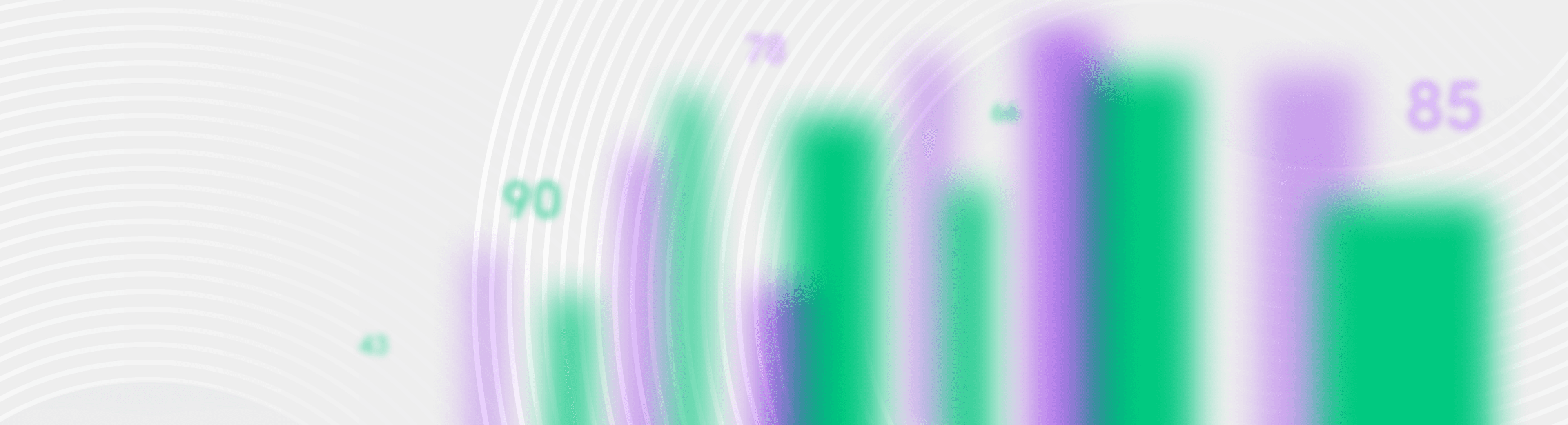 A very light-gray background with a blurred series of green and purple bar-chart shapes on the right.