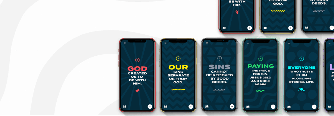 Multiple smartphones display the G.O.S.P.E.L. message in bold colorful text on dark patterned backgrounds.
