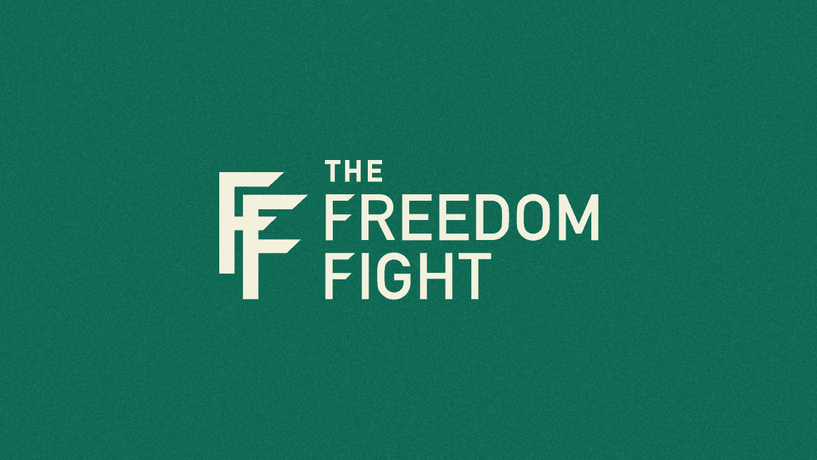 Text logo reading "The Freedom Fight" in white, bold sans-serif font on a green background. The letters "F" are stacked and stylized at the start.