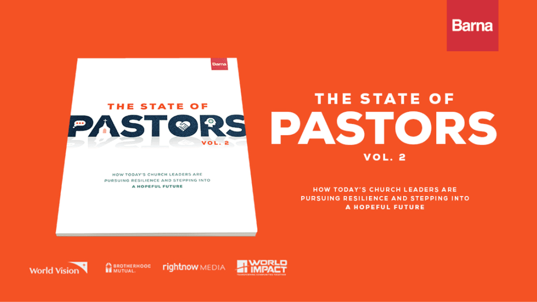 Promotional image of the Barna “State of Pastors Vol. 2” book cover, set against an orange background with white supporting text and partner logos.