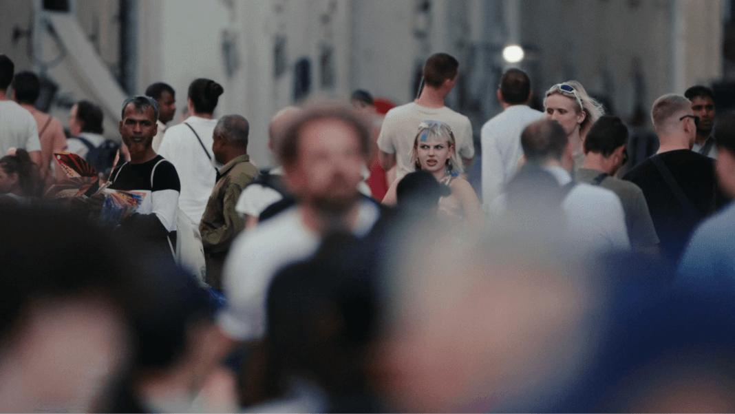 Street scene with a crowd of people.