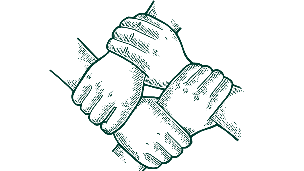 Four hands gripping each other's wrists form a complete square, symbolizing unity and teamwork.