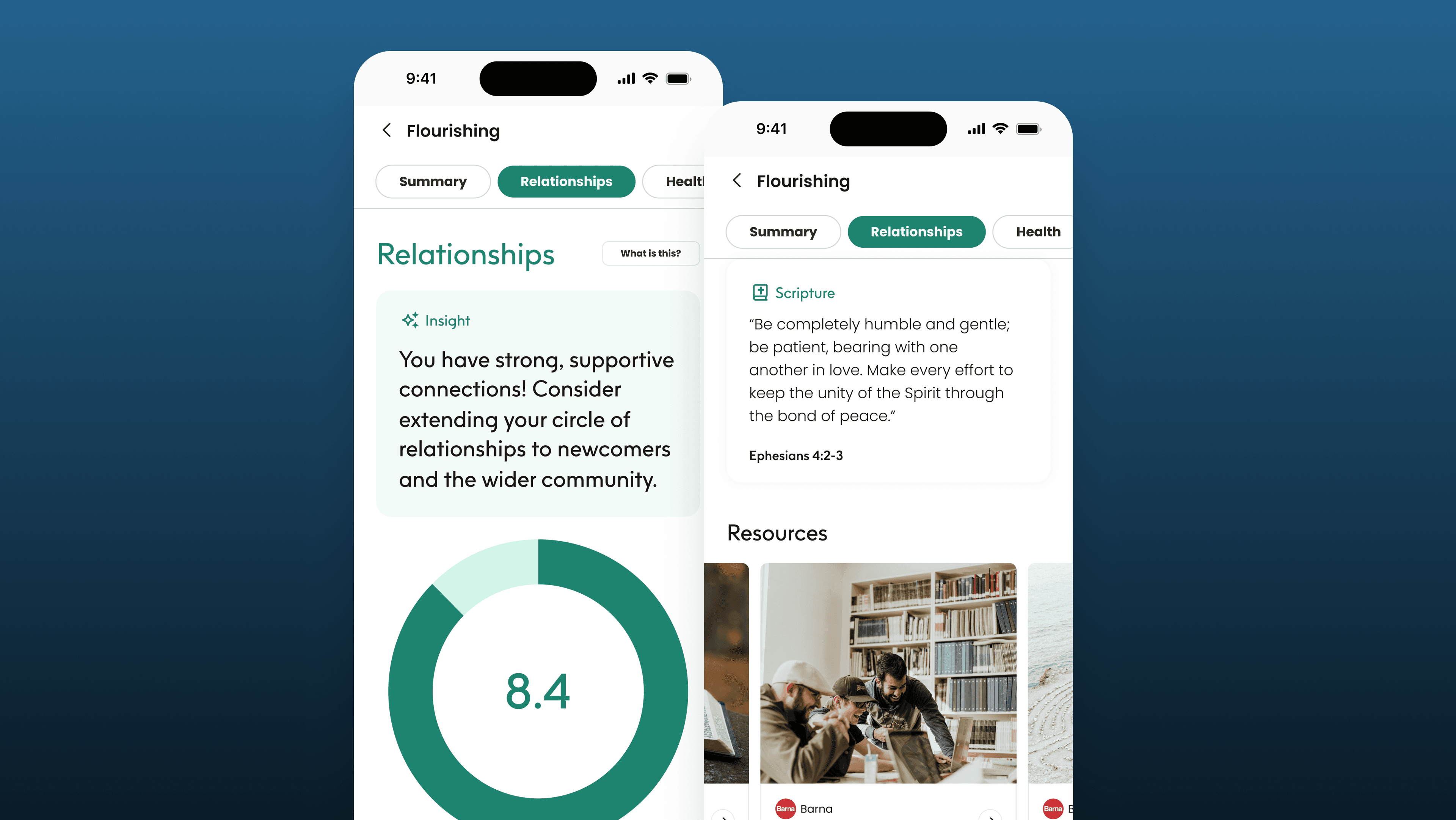 Two overlaid phone screens show a “Flourishing” dashboard with a highlighted Relationships insight suggesting users expand their connections, and accompanying scripture and resource cards.