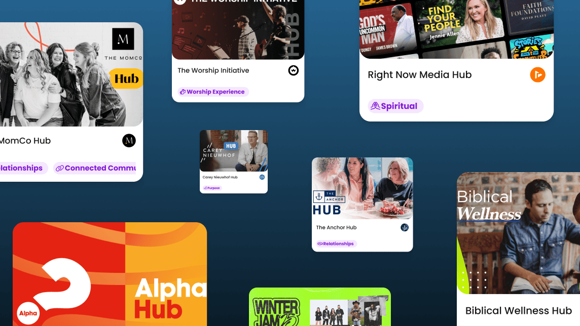 Collage of resource cards for various content hubs (e.g. MomCo, The Worship Initiative, Right Now Media) on a dark blue background.