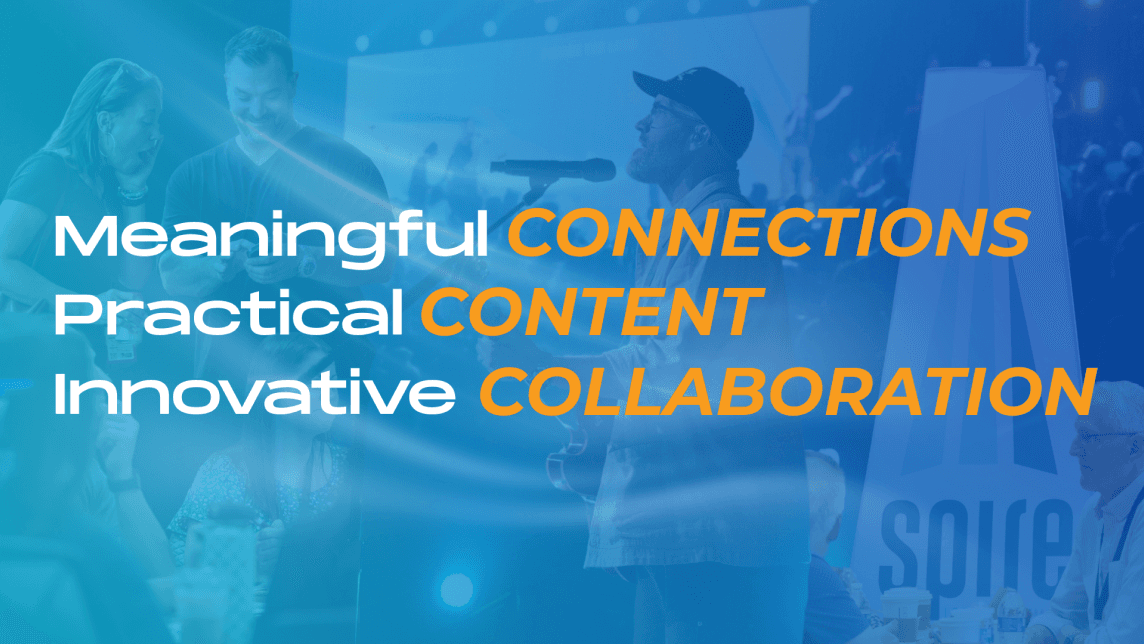Overlaying a collage of people engaging at an event, bold text highlights the themes: “Meaningful Connections, Practical Content, Innovative Collaboration.”