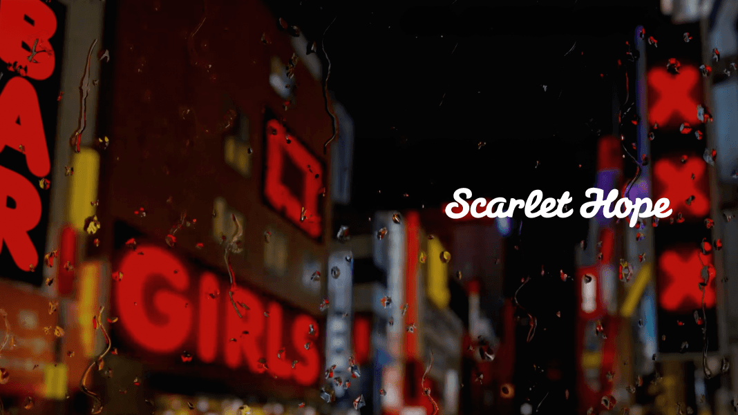 Neon signs blurred behind raindrops appear beside the text ‘Scarlet Hope.’
