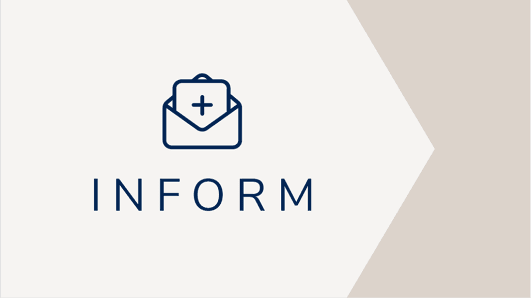 A minimalist graphic with a plus sign inside an envelope icon and the word "INFORM" underneath.