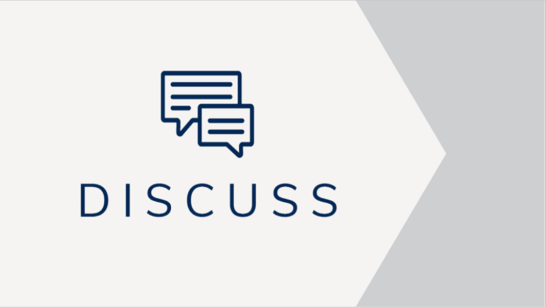 A vector icon of two speech bubbles appears above the word "DISCUSS" inside a right-pointing gray arrow.