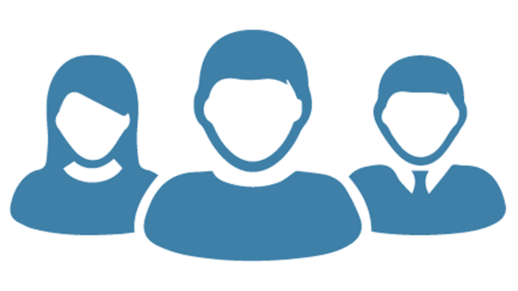 A blue icon showing three simplified figures, including one in a tie, arranged side by side on a white background.