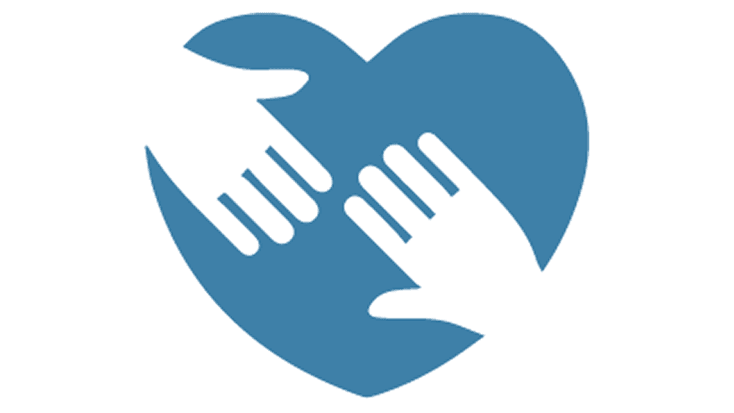 A blue icon with a heart containing two white hands reaching toward each other.