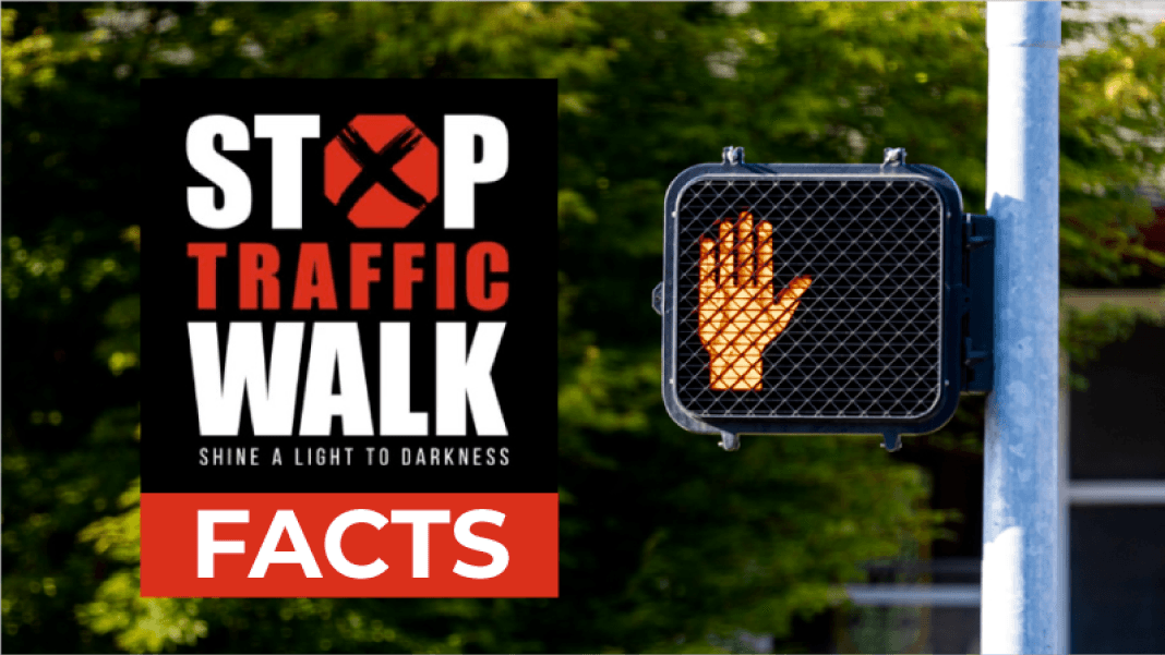 A graphic for “Stop Traffic Walk: Shine a Light to Darkness” appears beside a crosswalk signal with a red hand, with “FACTS” in bold at the bottom.