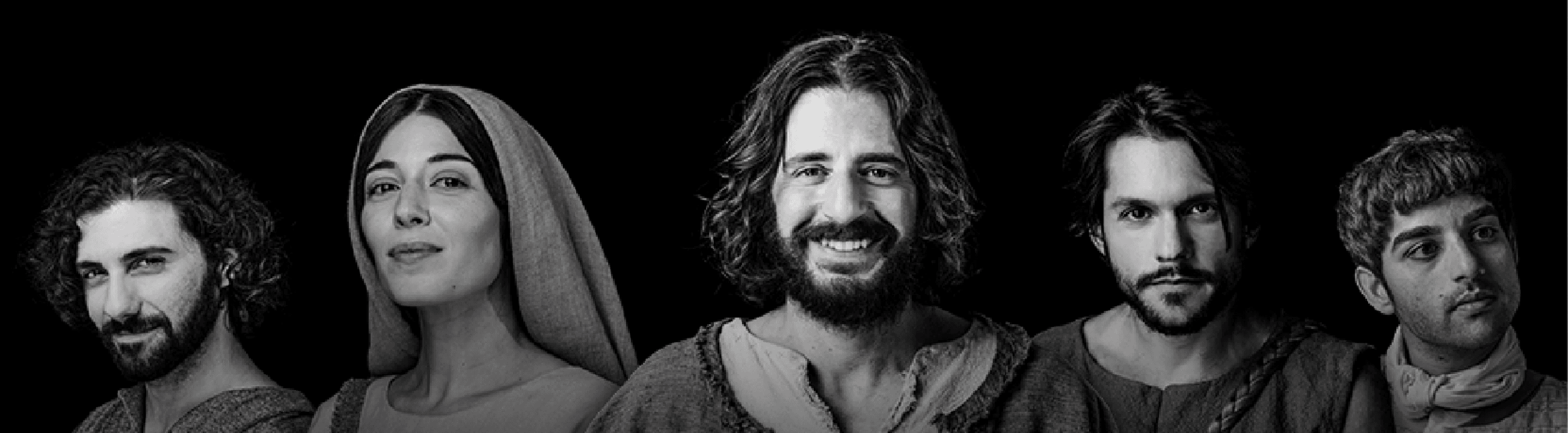Black-and-white banner showing five characters from “The Chosen” in costume against a black background.