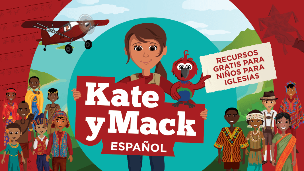 Illustrated cover featuring Kate and her parrot Mack promoting free Spanish-language church resources for children; the sign reads “Kate y Mack Español,” and a note says “Recursos gratis para niños para iglesias.”