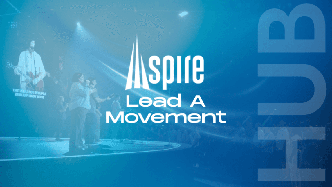 The Spire logo and the words “Lead A Movement” are overlaid on a blue-toned image of a worship band performing on stage, with the word “HUB” vertically aligned on the right.