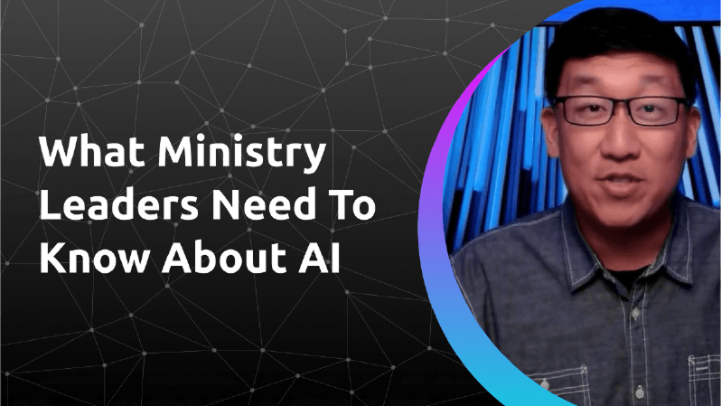 Slide reading “What Ministry Leaders Need To Know About AI” alongside a headshot of a man wearing glasses against a blue-lit background.