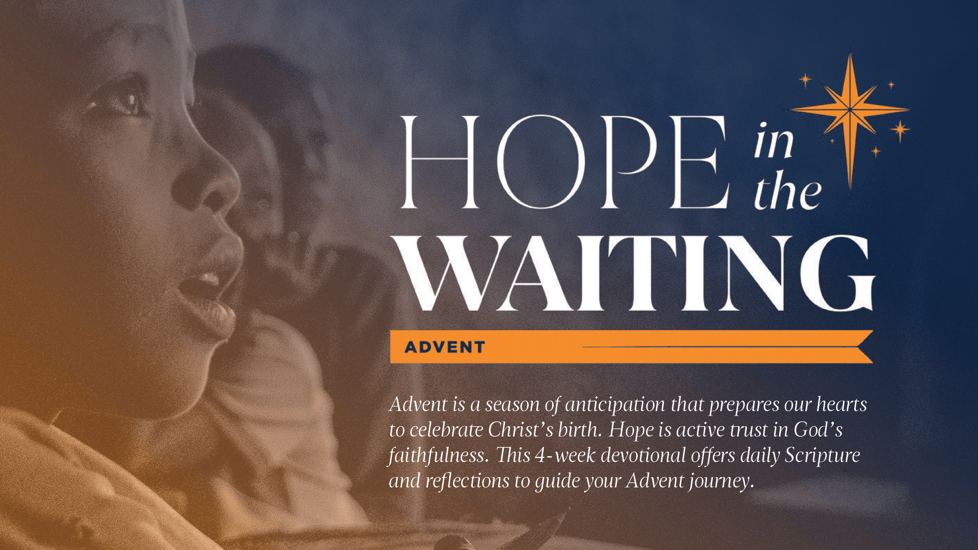 Side profile of a contemplative child with text overlay: “Hope in the Waiting.” Emphasizes themes of hope, reflection, and anticipation during Advent.