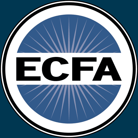 Circular ECFA logo with blue background and radiating white lines.