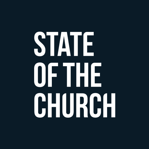 Simple white text “STATE OF THE CHURCH” on a dark blue square background.