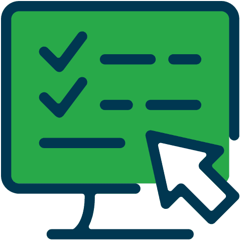 Icon of a computer screen with checkmarks and a cursor, representing task completion or interaction.