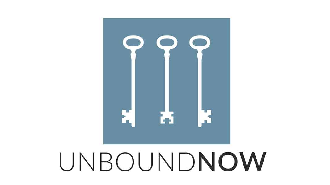 Logo with three white vintage keys standing vertically above the text “UNBOUND NOW.”