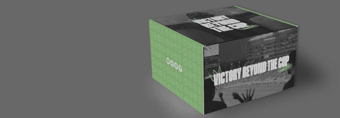 A box with a green side featuring small circular patterns and white icons. The black side shows a cheering crowd in a stadium with the text "Victory Beyond the Cup."