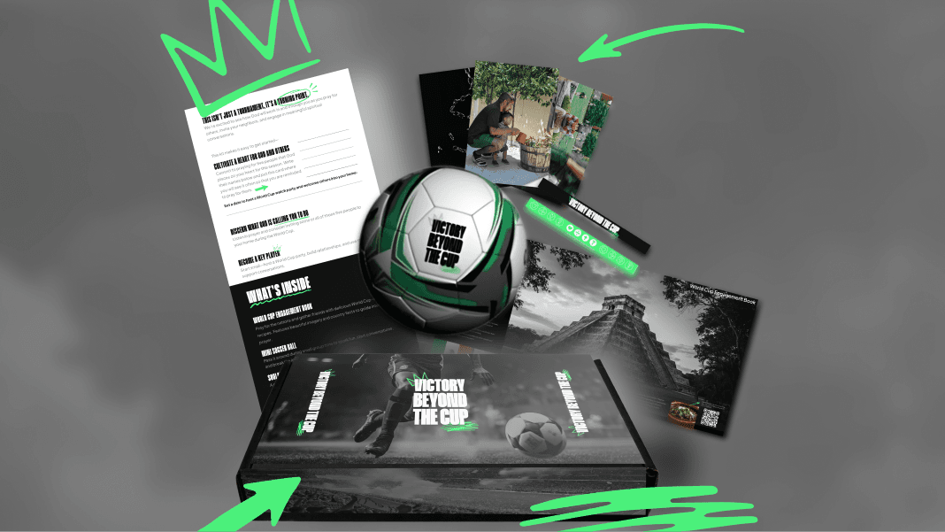 A soccer-themed promotional display on a gray background, featuring a ball, brochure, postcards, and graphics with green accents. Text: "Victory Beyond the Cup."