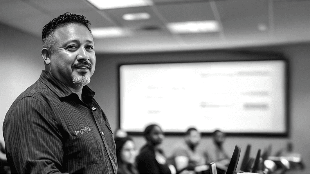 Black and white image of a man confidently leading a meeting. People are seated with laptops, and a blurred presentation screen is in the background.
