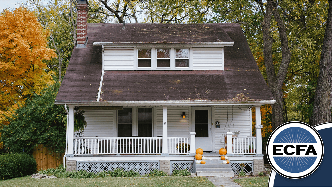 Front view of a house in autumn, representing the Minister Housing Allowance Worksheet. ECFA logo displayed.