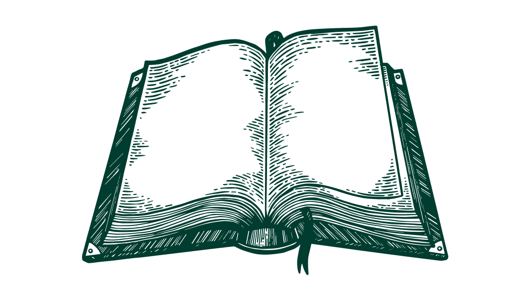 An illustrated black outline of an open book