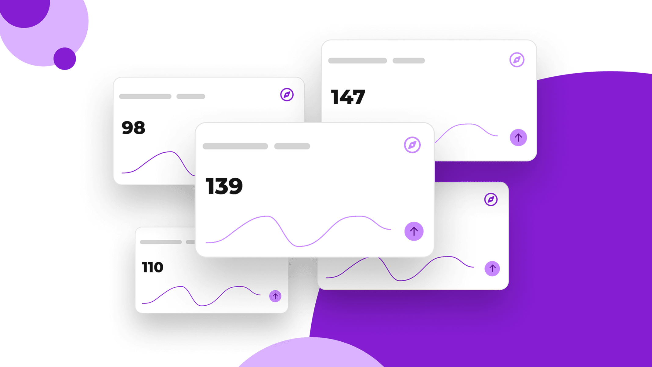 Stylized purple and white illustration of floating data cards with numerical values and line graphs representing analytics or metrics.