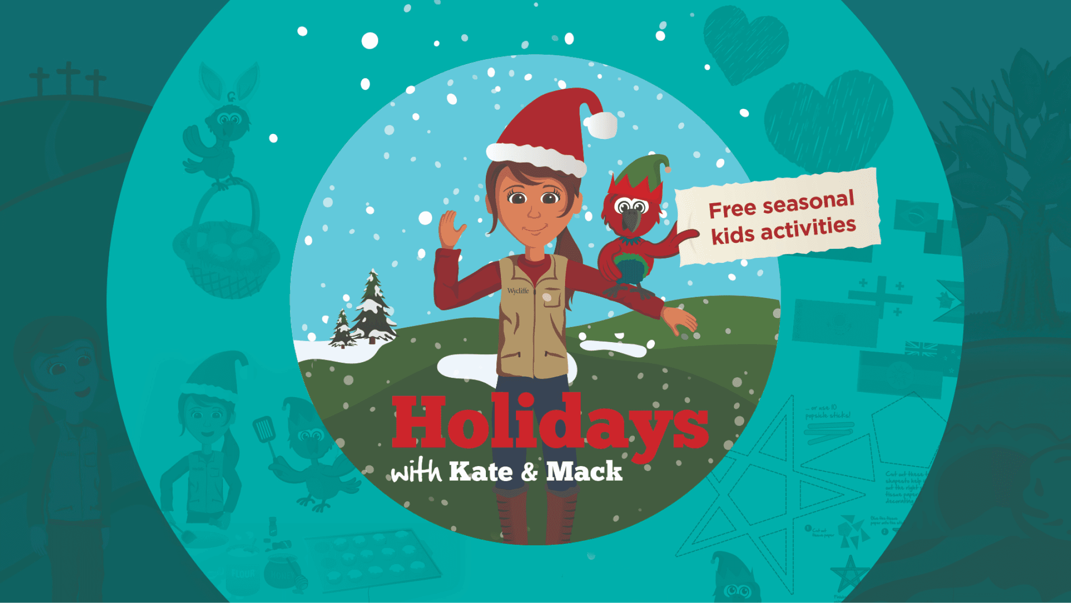 Illustration of Kate in a Santa hat holding a sign for free seasonal kids activities.