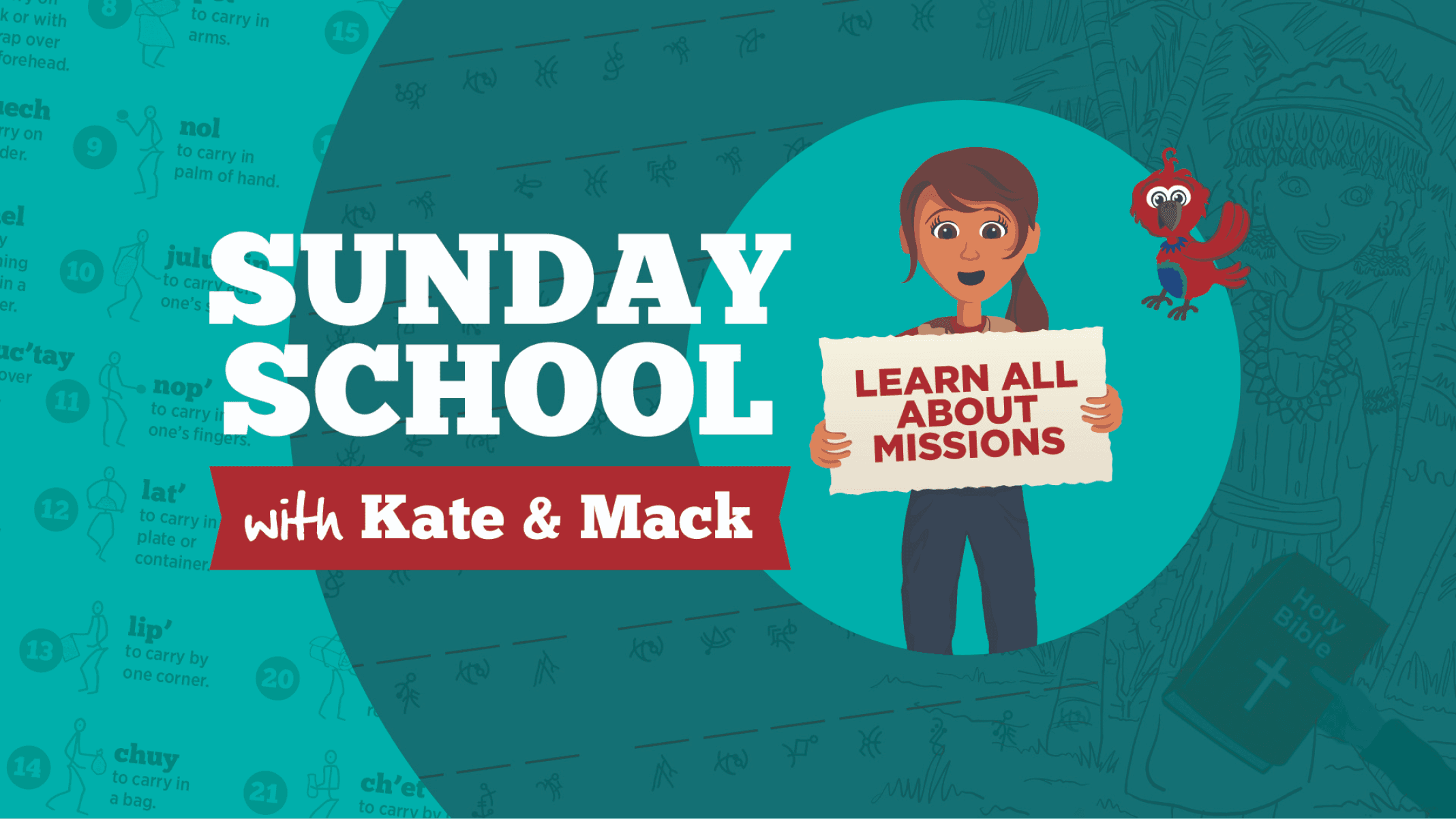 Illustration of Kate and Mack with mission-themed icons, promoting missions-based Sunday school content.